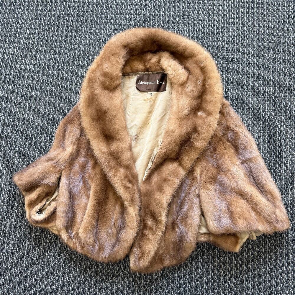 Vintage Livingston Bros Womens Brown Mink Fur Collared Stole Cape Shawl READ
